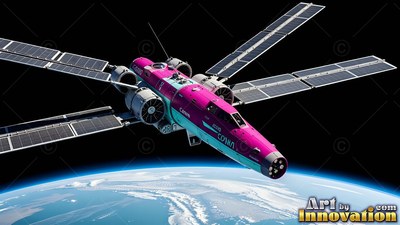 Above the blue curve of Earth, a pink and cyan spacecraft glides with solar panels spread