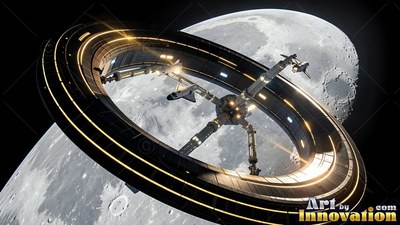 Orbiting in deep space, a circular space station turns before a gray moon