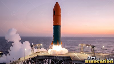 An orange and teal rocket launching from an ocean platform at dusk