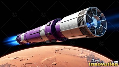 A purple cylindrical spaceship with blue thrusters flies in orbit above Mars