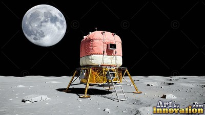 A lunar lander rests on gray dust, lit by sharp sun beside a pale moon