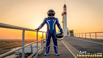 Standing on a high launch bridge, an astronaut in a blue suit holds a helmet at dawn