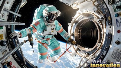Outside an open airlock hatch, an astronaut in a teal suit floats above Earth