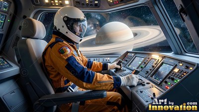 Piloting a spacecraft in an orange suit, an astronaut looks toward Saturn