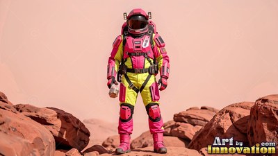 Astronaut in a pink and yellow suit on a red desert rock
