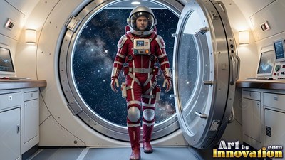In a red and white suit, an astronaut walks through an airlock with open space behind