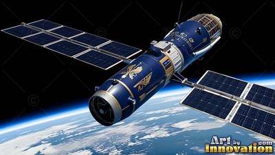 A blue orbital spacecraft glides over Earth, catching bright sunlight along its gold trim