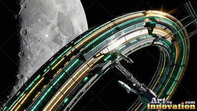Curving across dark space, a ring space station with green lights passes the moon