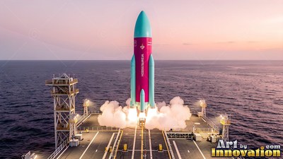 A pink and turquoise rocket launches from an ocean platform at sunset