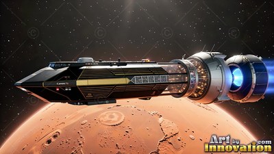 Above an orange planet, a black spaceship flies with bright blue engines firing