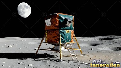Resting on gray lunar dust, an orange and green lander sits below a bright moon