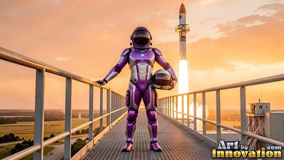 Astronaut in purple and silver armor standing near a launch rocket