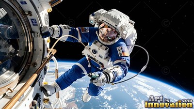 An astronaut floats outside a spacecraft hatch with sunlight glinting off blue suit pants