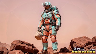 Standing full-length in orange and teal armor on a dusty red planet