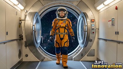 An astronaut in an orange suit walks through an open round airlock door into space