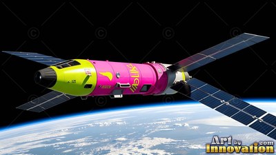 In orbit above Earth, a bright pink and green spacecraft extends its solar panels