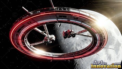 Orbiting high above a gray moon, a circular space station shines in bright sunlight