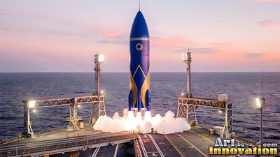 A blue rocket launches from an ocean platform at sunset