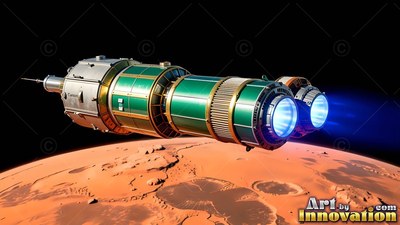 Bright green hull panels wrap around a cylindrical spacecraft above a red planet