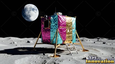 A boxy lunar lander rests on the moon, its sides covered in shiny pink, blue, and gold foil panels