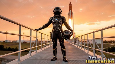 Standing facing forward on a walkway, an astronaut in a black suit holds a helmet