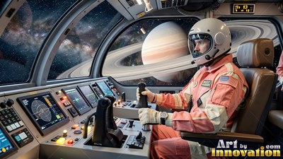In a spaceship cockpit, a pilot in an orange suit looks at Saturn