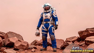 Standing on red desert rocks, an astronaut holds a clear sample bag under a dusty pink sky