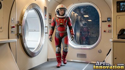 Astronaut walking in a red spacesuit inside a spacecraft airlock