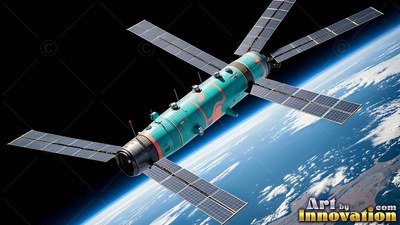 Teal hull plating on a cylindrical space station orbiting high above Earth