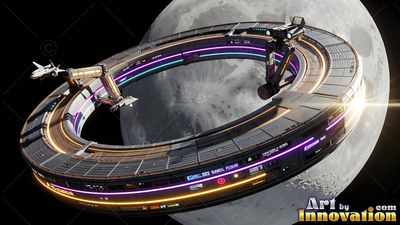 A ring space station orbits near the moon with bright white sunlight flaring along its rim
