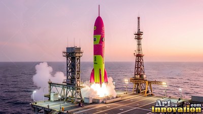 Standing upright on an ocean platform, a pink and green rocket launches at dawn