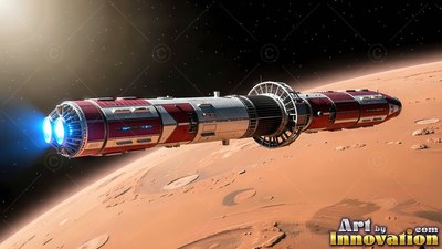 A long red and white spaceship with bright blue thrusters flies over a dusty red planet