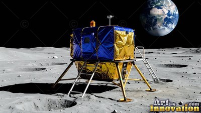 On the gray lunar surface, a gold and blue lander rests below Earth in black space