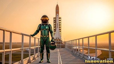 Standing on a walkway, an astronaut in a green suit poses before a rocket at dawn