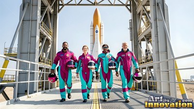 Four astronauts in teal suits walk together toward a rocket launch pad