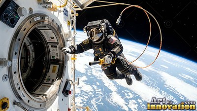 A dark visor reflects light on an astronaut floating outside an open airlock high over Earth