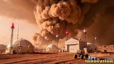 A Mars base stands before a giant dust cloud rising under a dim, copper sky