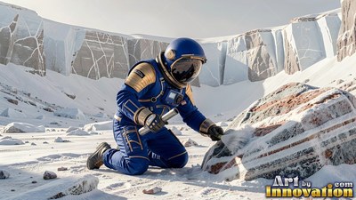 Kneeling on an icy plain, an astronaut in a blue suit brushes snow off a striped rock