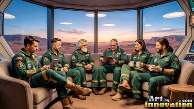 Astronauts in green flight suits relax on a couch before a sunset desert view