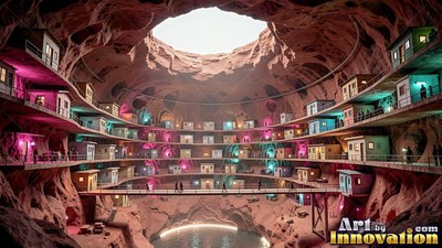 In a red rock cavern, small buildings line curved terraces around a skylight