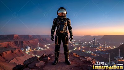 Standing on a red cliff, an astronaut in a black suit looks over a desert base at dusk