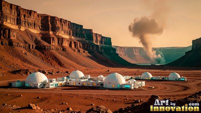White dome habitat in a red canyon with a distant smoke plume