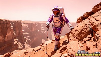 In a white and purple spacesuit, an astronaut hikes along red canyon cliffs under dusty orange skies