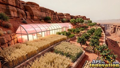 A greenhouse sits beside desert crops below reddish rock cliffs in bright daylight