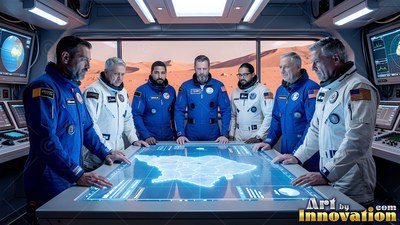 Standing around a digital map table in a base, astronauts wear blue and white suits