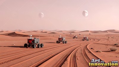 Small rovers drive across orange desert dunes under two moons in the sky