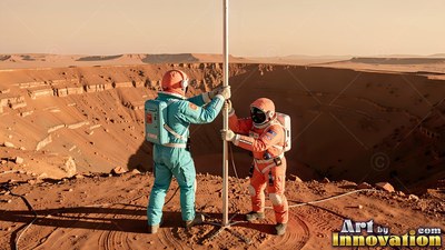 By a desert crater, two astronauts in orange and blue suits raise a pole