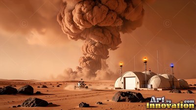 Speeding across red dirt, a rover heads toward a domed base under a huge dust cloud