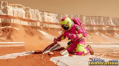 Astronaut in a pink suit kneeling by red desert rocks