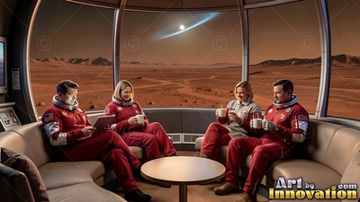 Red flight suits on four astronauts sitting by an observation window facing Mars